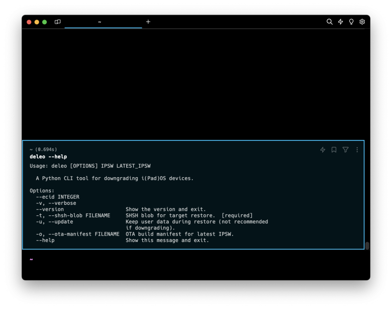 Screenshot of Deleo Python CLI tool for downgrading iOS devices.