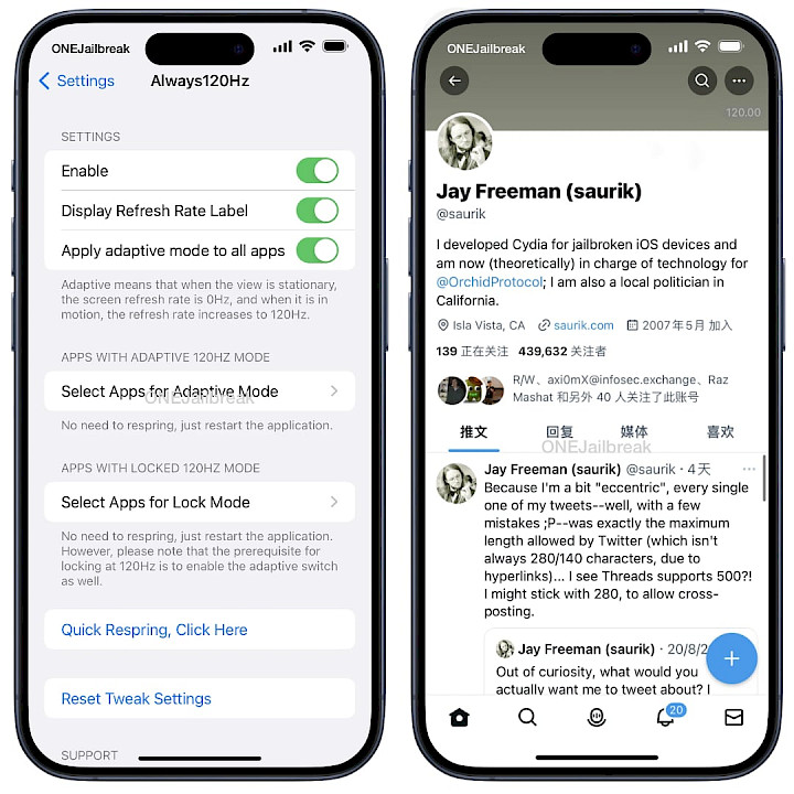 Screenshot of Always120 tweak preference pane in Settings app.