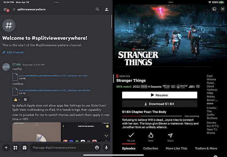 Screenshot of SplitViewEverywhere tweak running on iPadOS.