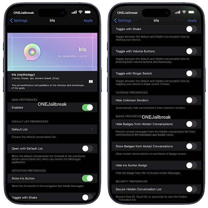 Screenshot of Iris tweak preference pane on iOS 13.
