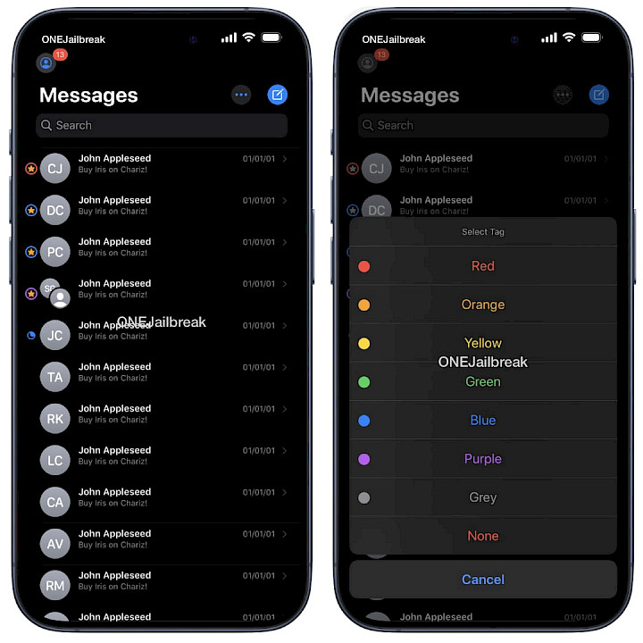 Screenshot of Iris tweak injected into Messages app.