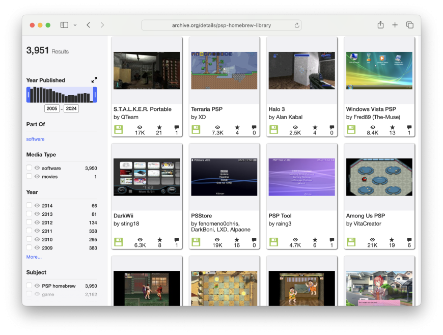 Screenshot of PlayStation Portable Library: Homebrews at Archive.org webiste in 2024.