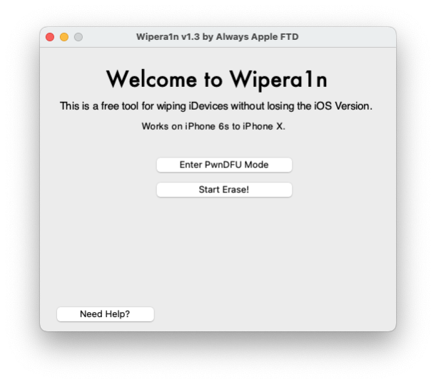 Screenshot of Wipera1n software for Mac.