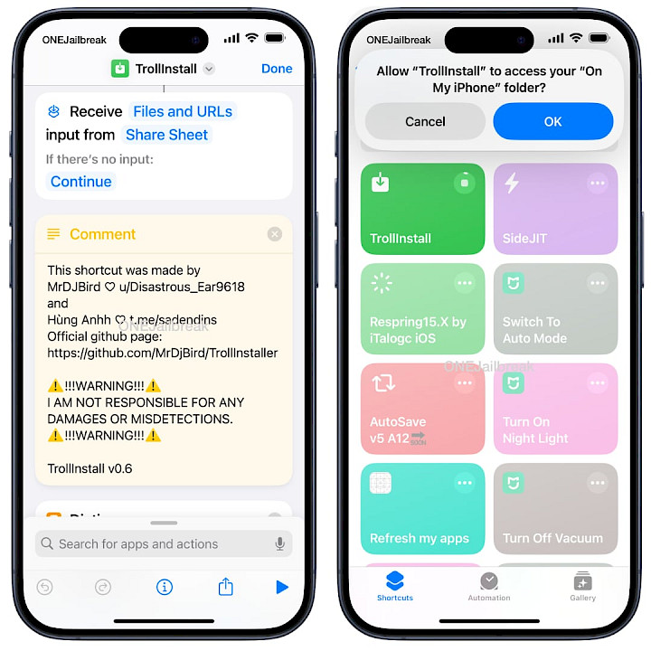 Screenshot of TrollInstall Shortcut on iOS.