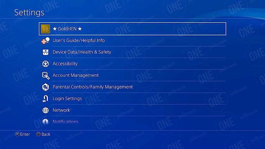 GoldHen menu in PS4 Settings.