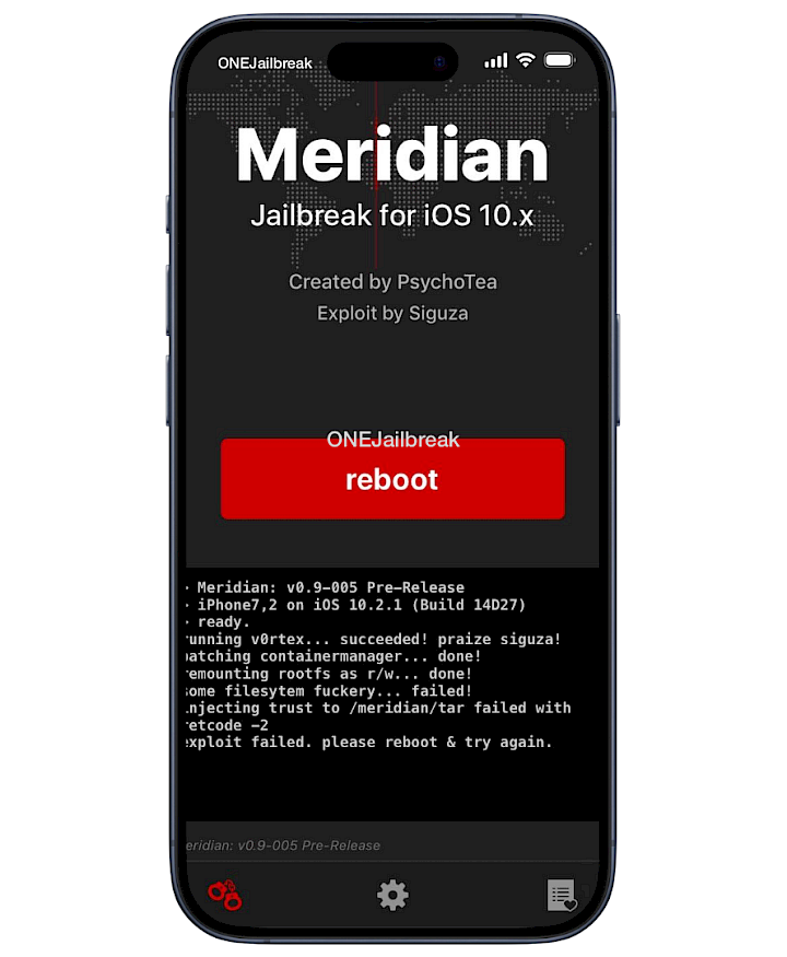 Screenshot of Meridian Jailbreka app for iOS 10.x.