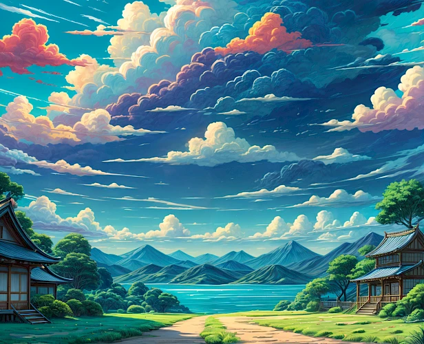 A serene landscape reflecting the cloudy sky above.