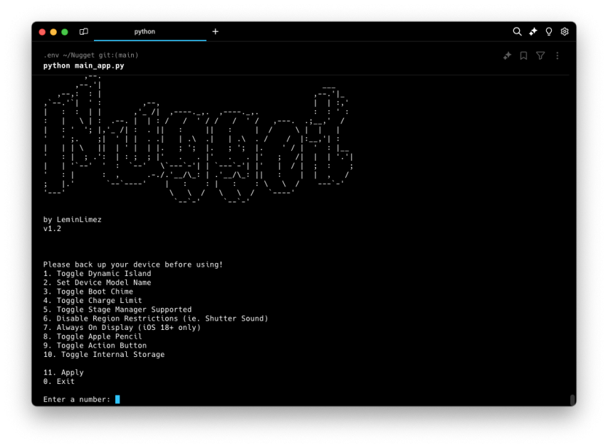 Nugget app running in a terminal on macOS.