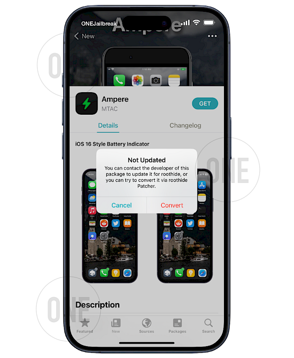 RootHide Patcher Covert prompt from Sileo app.