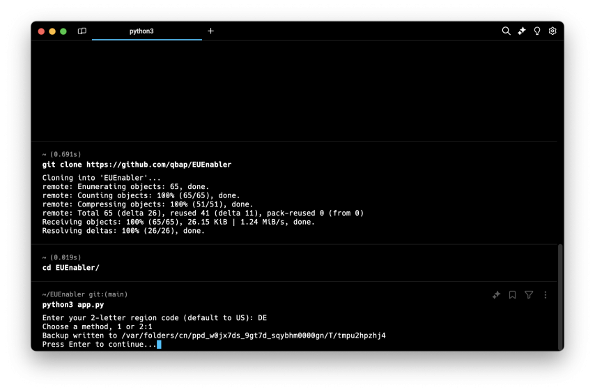 EUEnabler scrip running in the terminal app.