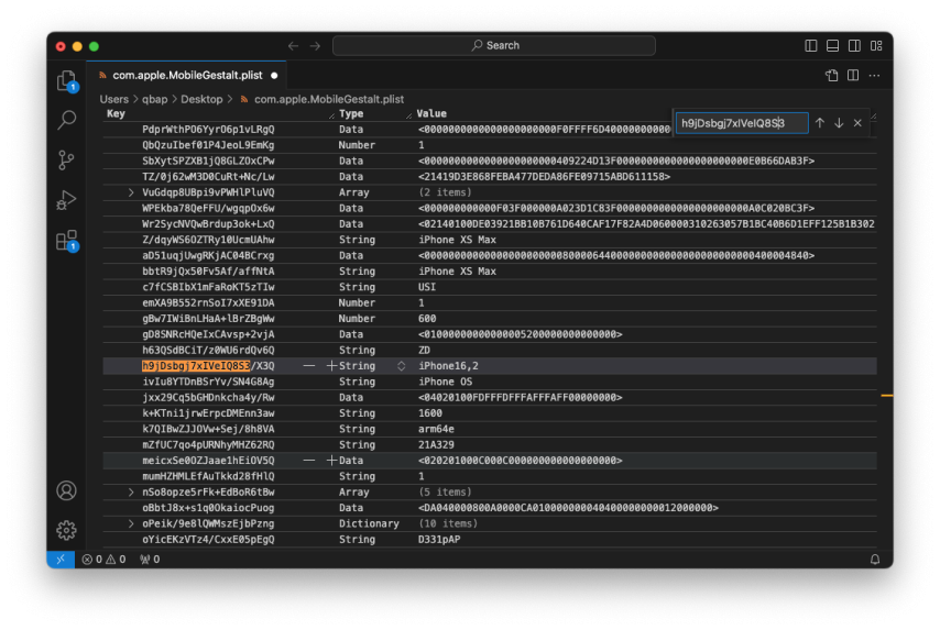 Modify MobileGestalt file with Visual Studio Code and Property List Editor extension.