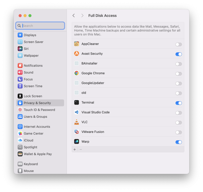 Full Disk Access Section in Settings on macOS 15.