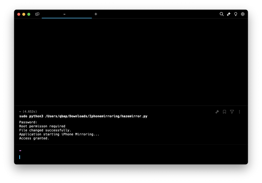 hazemirror.py script running in the terminal app on macOS 15.