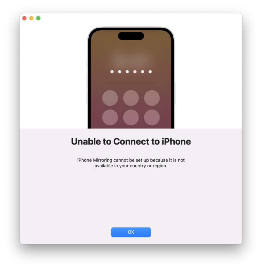 iPhone mirroring is not available in your country or region
