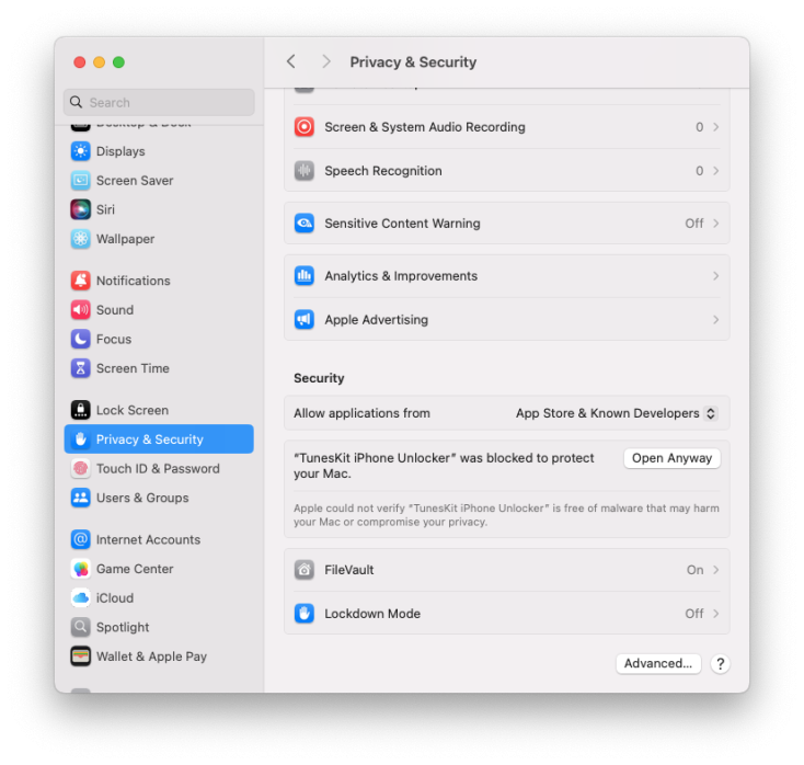 TunesKit iPhone Unlocker in Privacy & Security.
