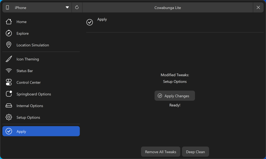 Cowabunga Lite Setup Options Apply Tab.